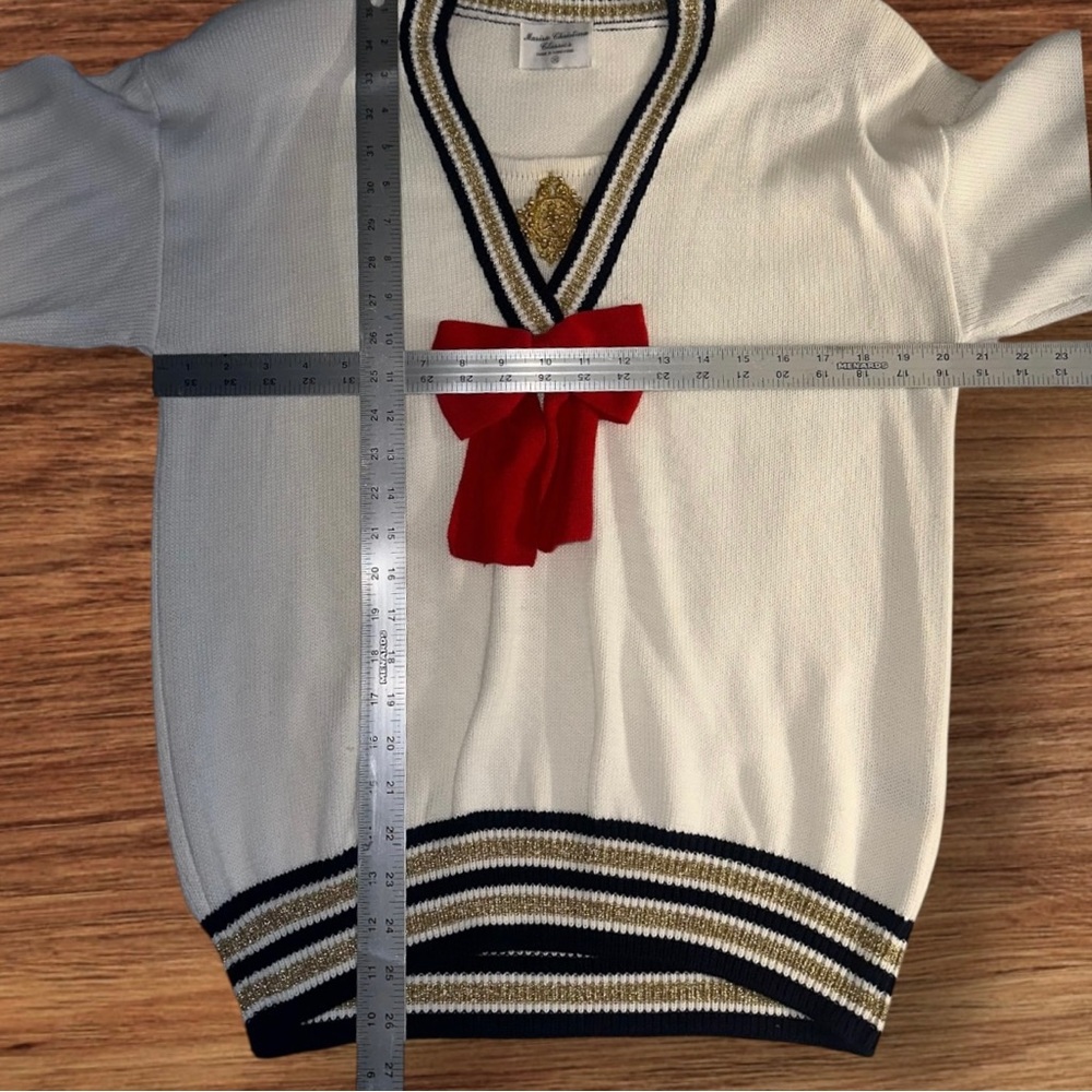 VTG Marisa Christina Anime Nautical Sailor Knit V-Neck Sweater Red Bow XL NWT - Picture 5 of 5